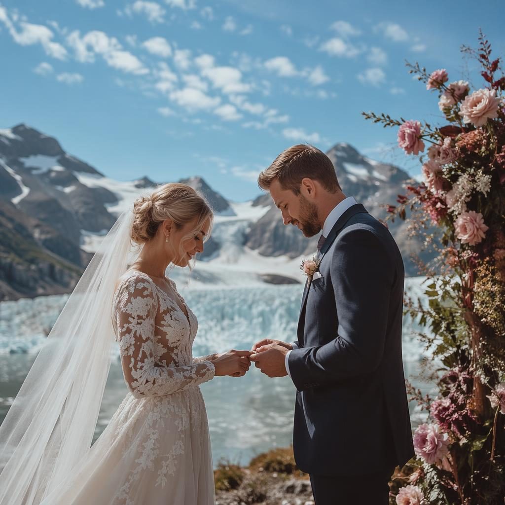Couple exchanging rings at a Nordic glacier elopement in the mountains under a blue sky, with dusty rose wedding styling.