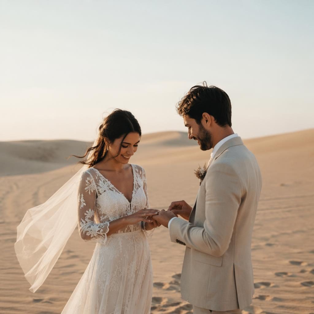Couple exchanging rings on desert sand dunes during an autumn elopement, photographed in natural light with emerald and bronze tones.