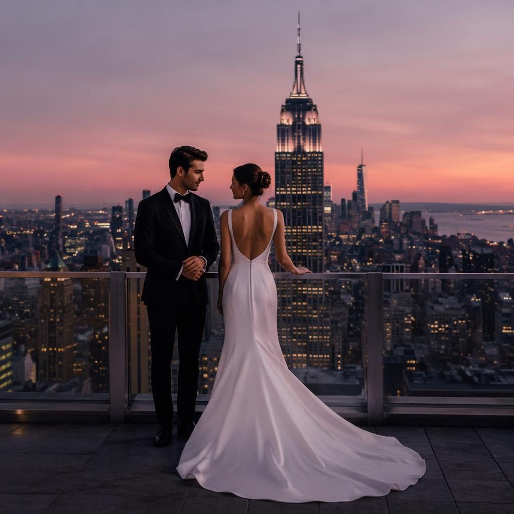 Brautpaar beim First Look auf einer Manhattan-Dachterrasse in der Dämmerung, mit Skyline, natürlichem Licht und Altrosa-Tönen.
