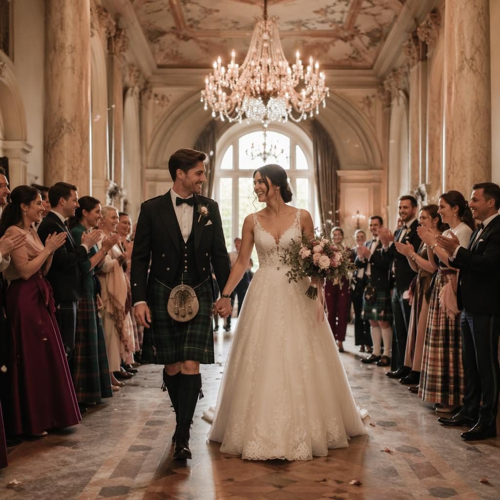 Pareja recién casada en salida nupcial dentro de un salón elegante, luz natural y tonos rosa empolvado otoñales.
