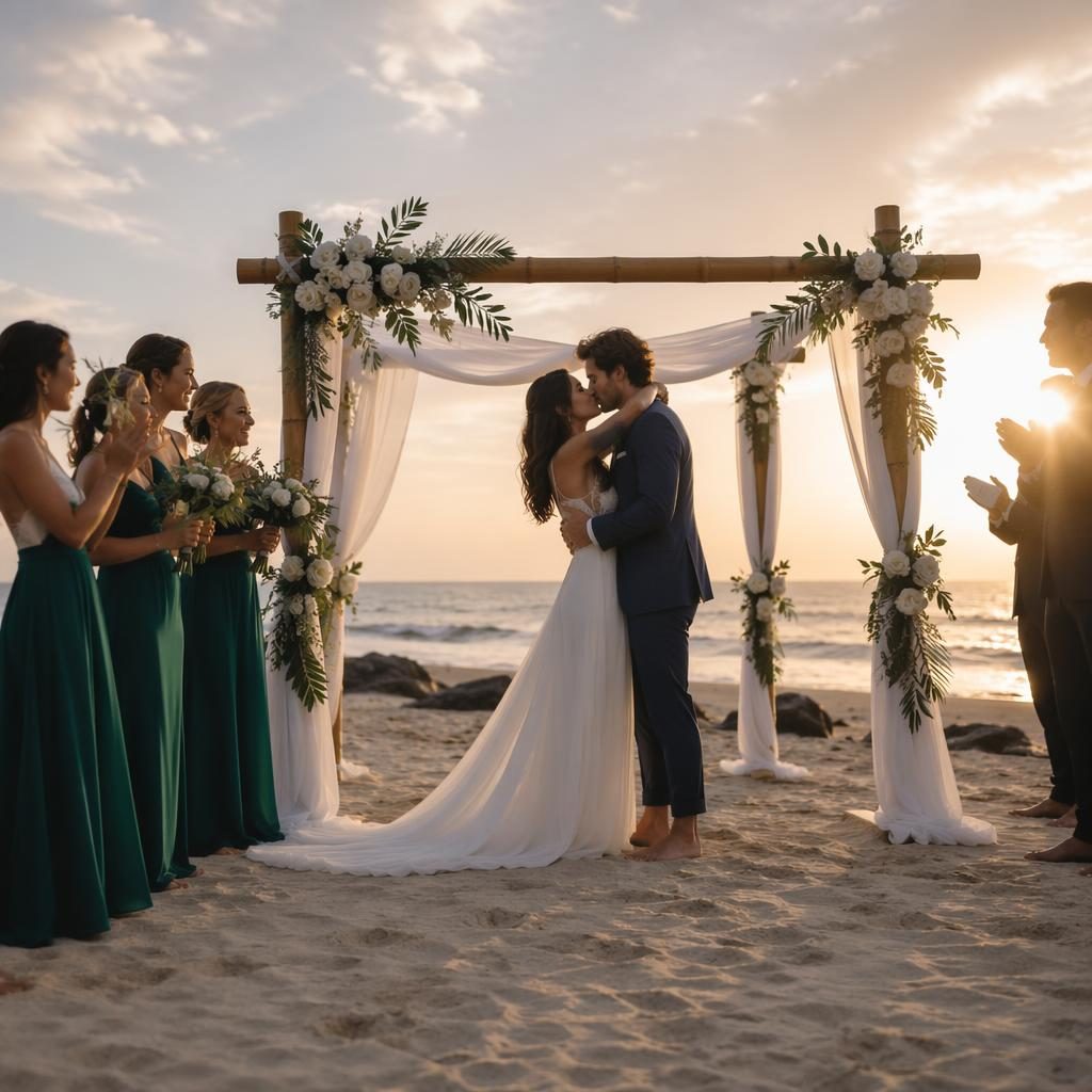 Grupo de boda descalzo en ceremonia al atardecer en la playa, luz natural, estilo documental y tonos esmeralda y bronce.