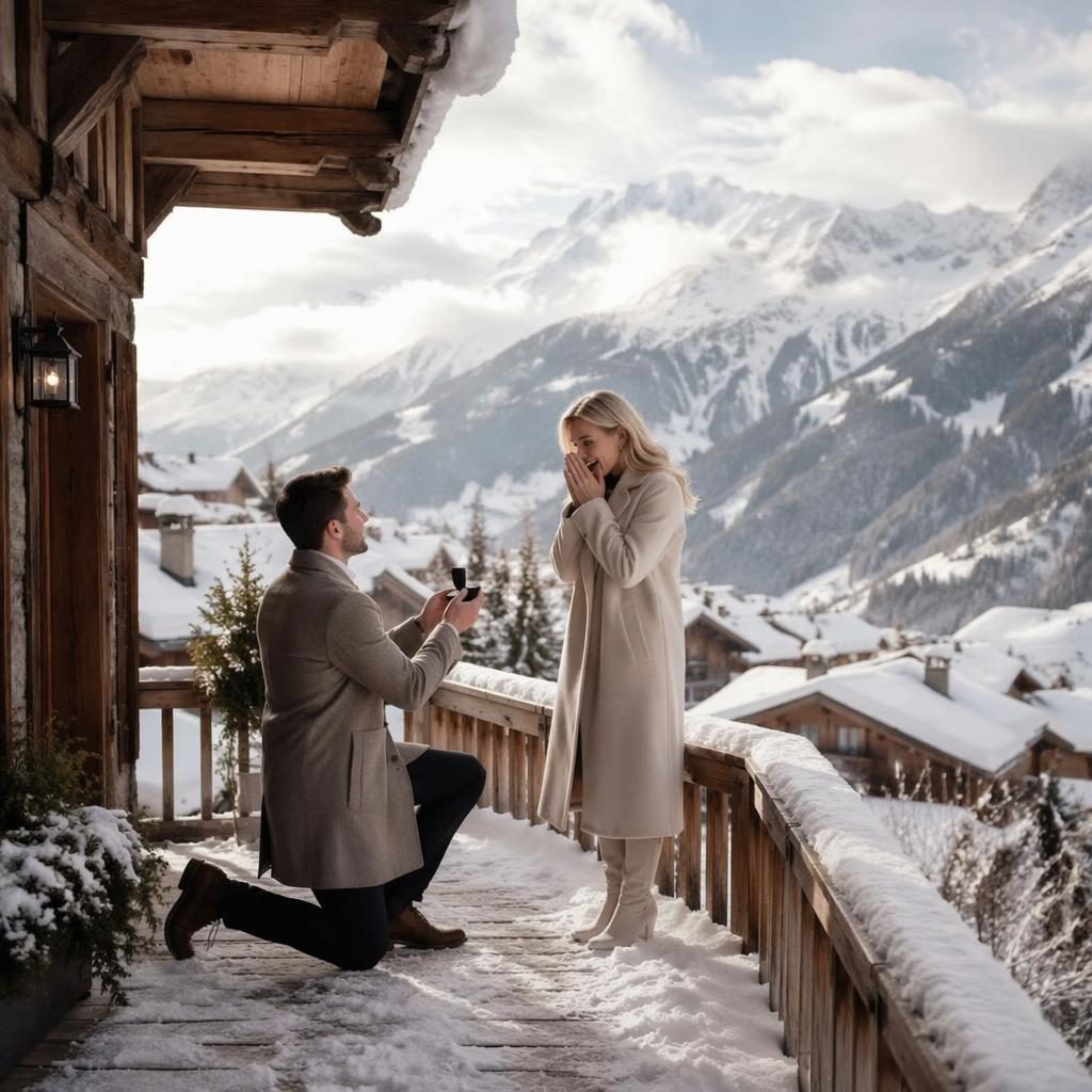 Couple sharing a first look outside a snowy alpine chalet with mountain views, soft natural light, blush and cream tones.