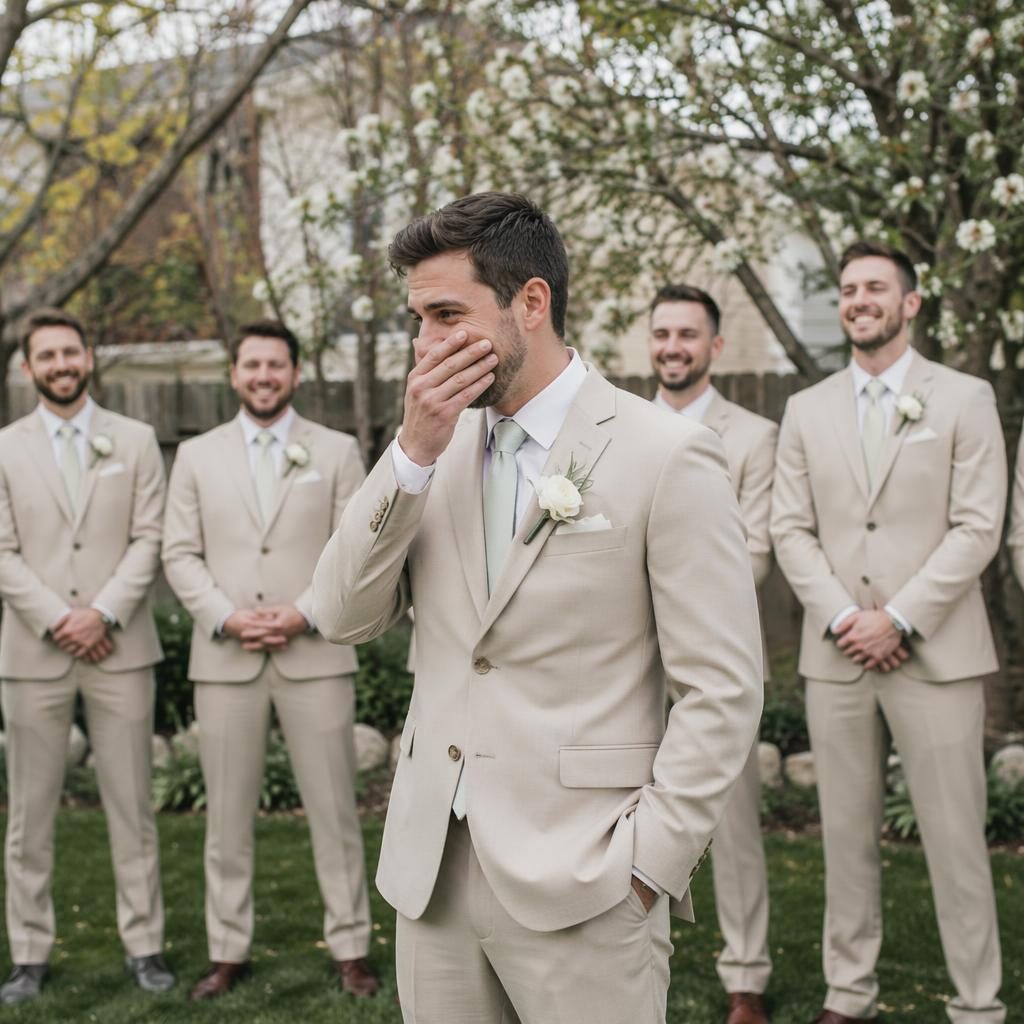 Groom and groomsmen sharing a first look in a spring backyard field, candid wedding photo with blush and cream tones