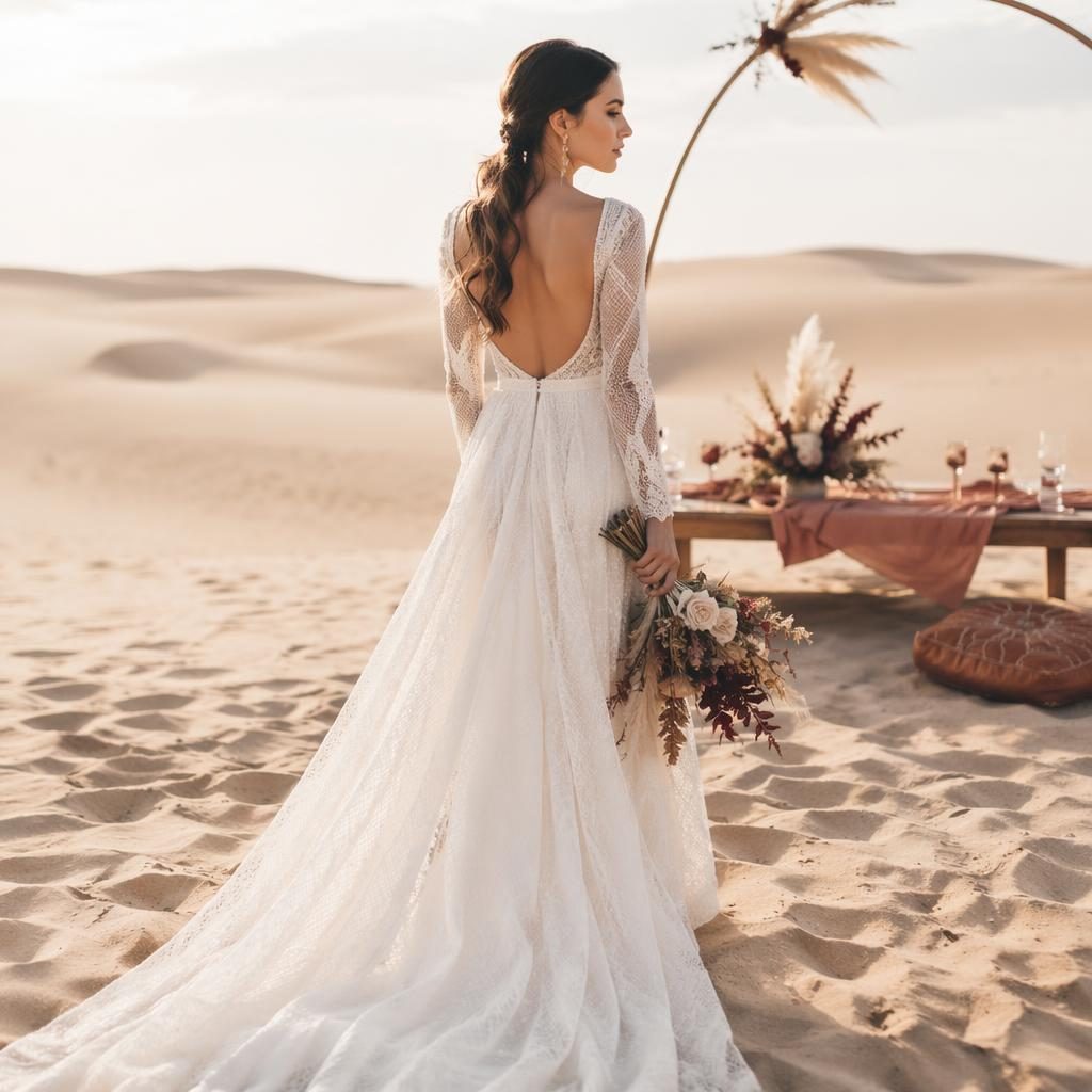 Entrada de recepción de boda en dunas del desierto, pareja genérica, tonos burdeos y dorado, luz natural pastel.