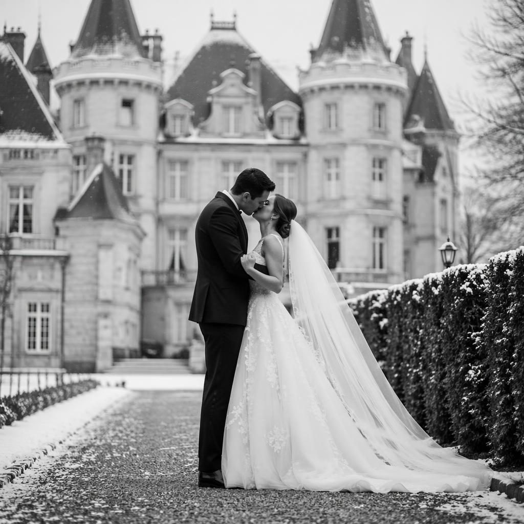 Black and white wedding photo of a couple sharing a first kiss barefoot on a summer beach, editorial style.