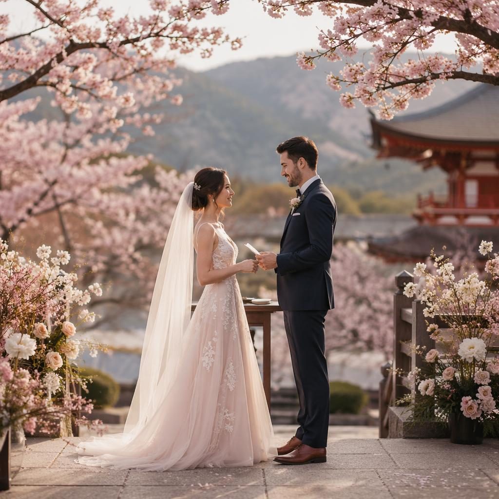 Pareja de novios intercambia votos en un templo de Kioto con cerezos en flor, luz natural y tonos burdeos y dorado.