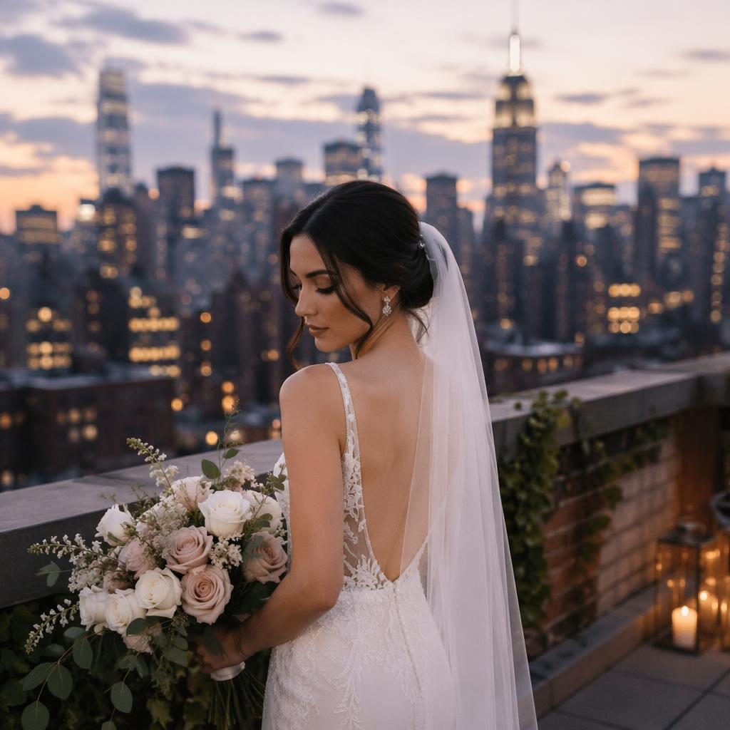 Bride getting ready on a Manhattan rooftop at dusk with skyline views, soft blush and cream details, candid wedding style.