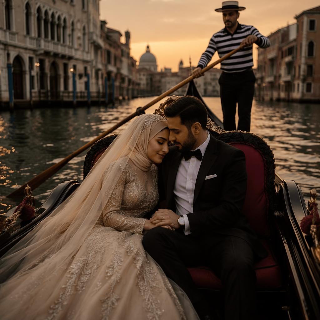 Bride and groom share a first dance on a Venice gondola at sunset, with warm autumn tones and a dark moody alpine feel.