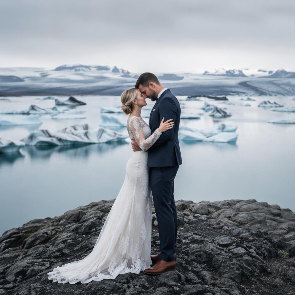 Couple portrait on an icy beach in a Nordic glacier elopement, light airy winter tones, natural light wedding photo