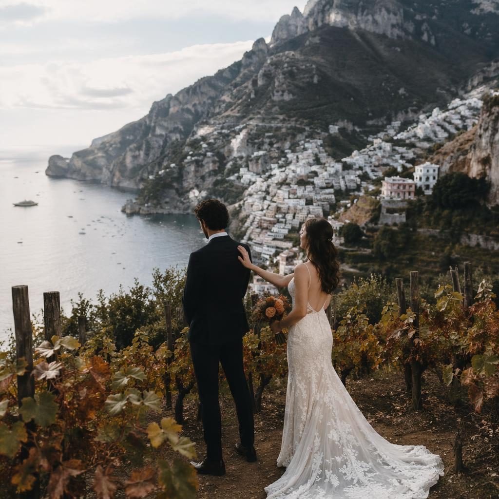 Bride and groom share a first look on a Positano cliffside vineyard above the ocean in autumn light.