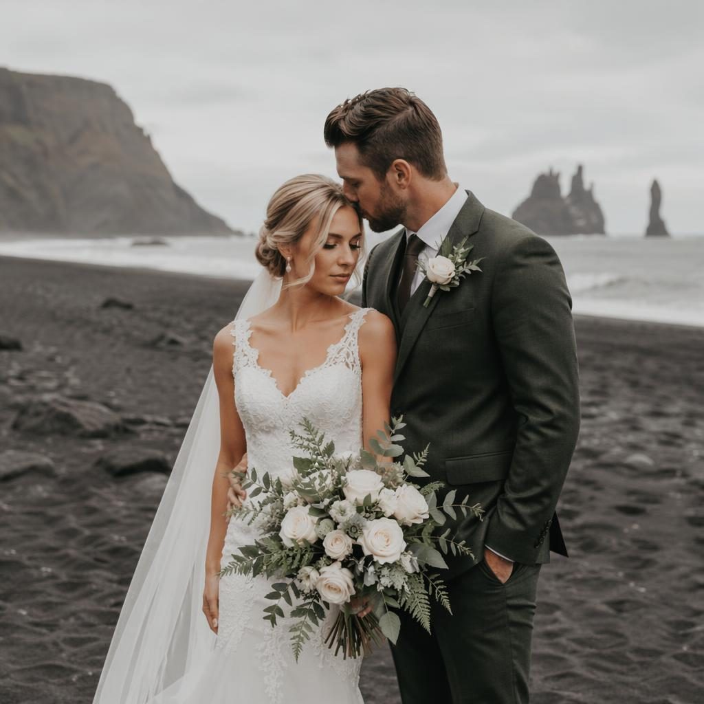 Couple wedding portrait at a rustic barn with sage and white styling, natural light, and dramatic black sand-inspired mood