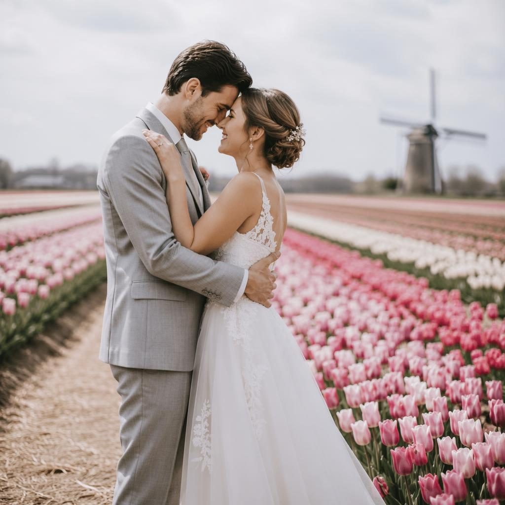 Couple de mariés dansant dans un jardin intime, lumière naturelle, tons blush et crème, style photojournalisme.