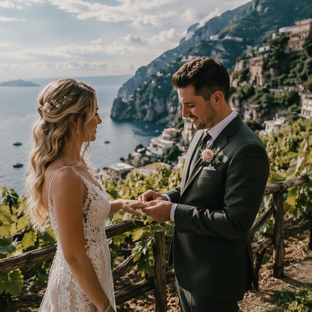 Brautpaar beim Ringtausch auf einem Kliff mit Meerblick in Positano, umgeben von Weinreben im Frühlingslicht