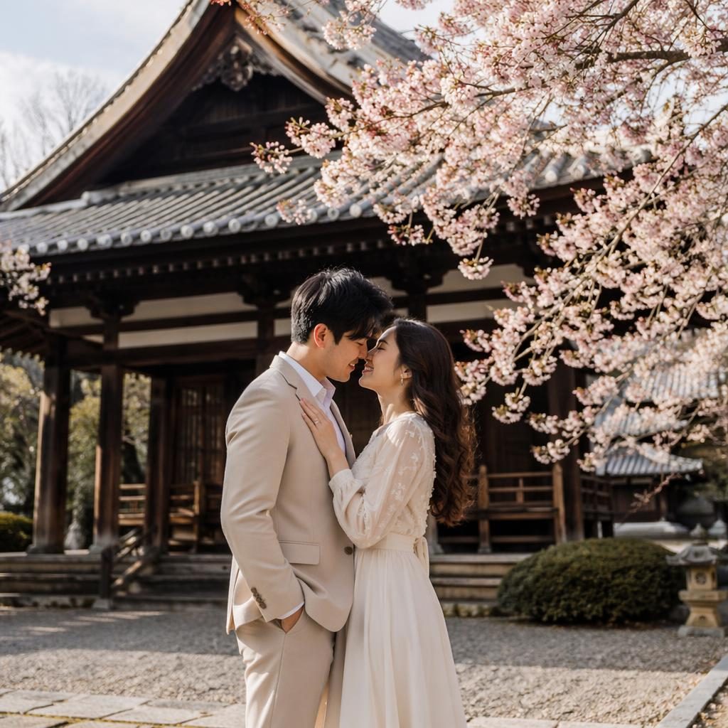 Couple sharing a first look at a Kyoto temple with cherry blossoms, soft blush and cream tones, natural spring light