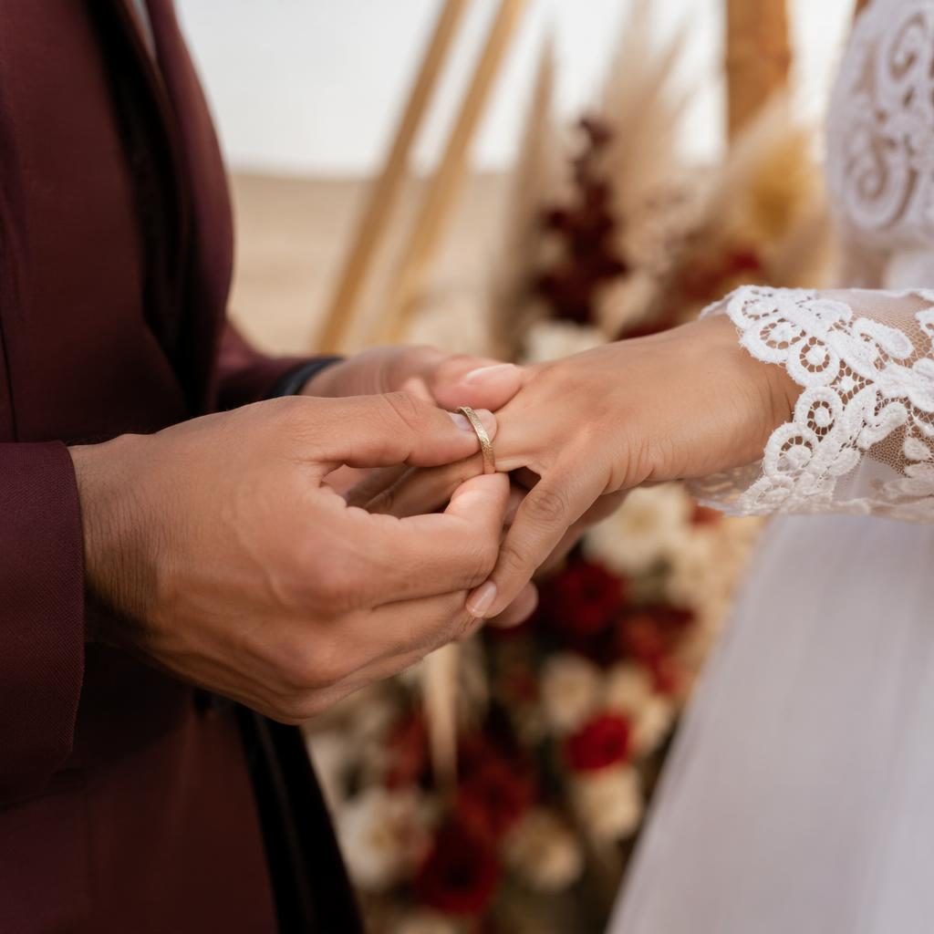 Primer plano de manos intercambiando anillos en preboda minimalista en el desierto, tonos burdeos y dorado, luz natural.