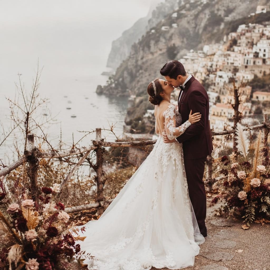 Bride and groom share a first kiss in a minimalist winter desert setting with soft pastel light, burgundy and gold styling.