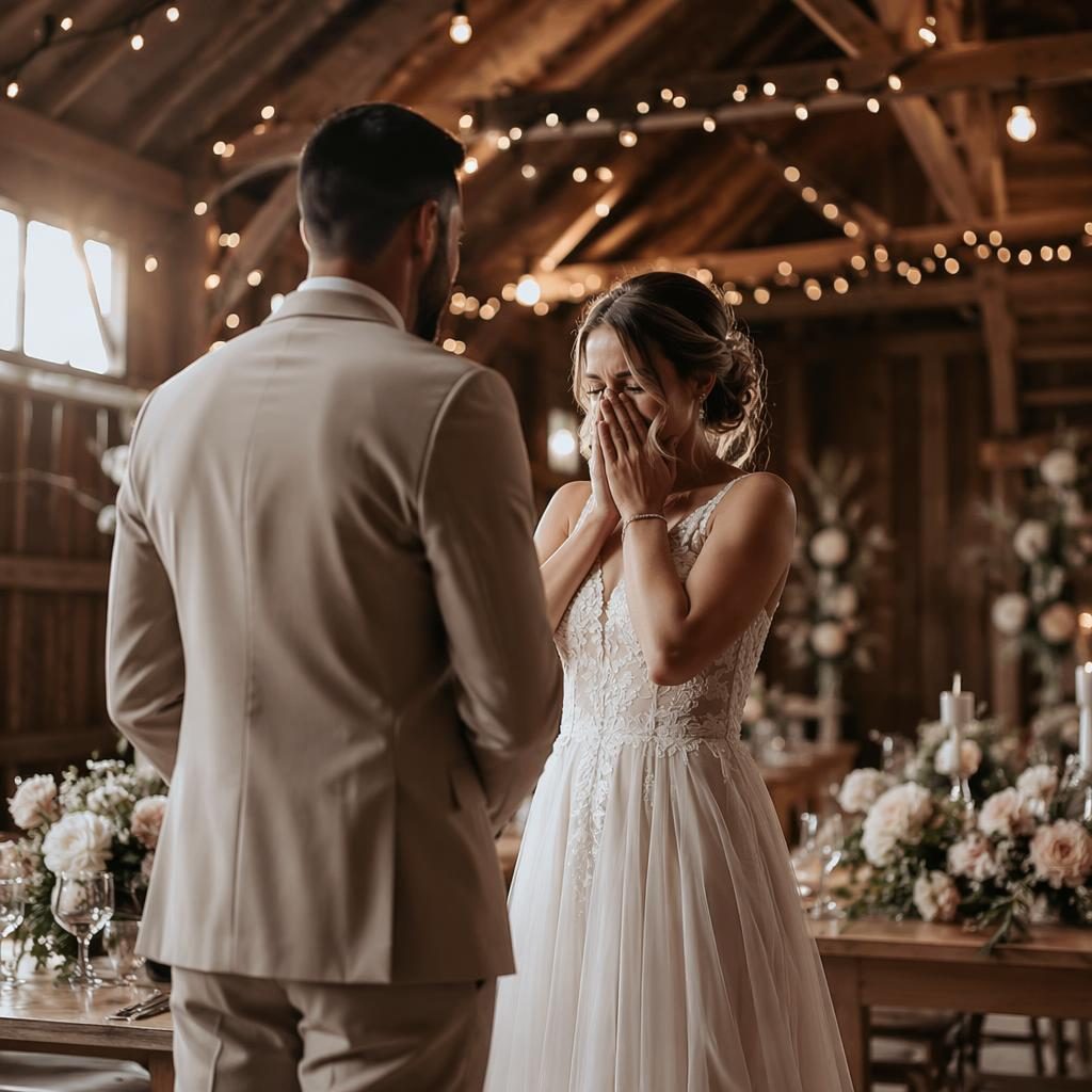 Couple de mariés en premier regard dans une grange rustique avec guirlandes lumineuses, tons vieux rose et lumière naturelle.