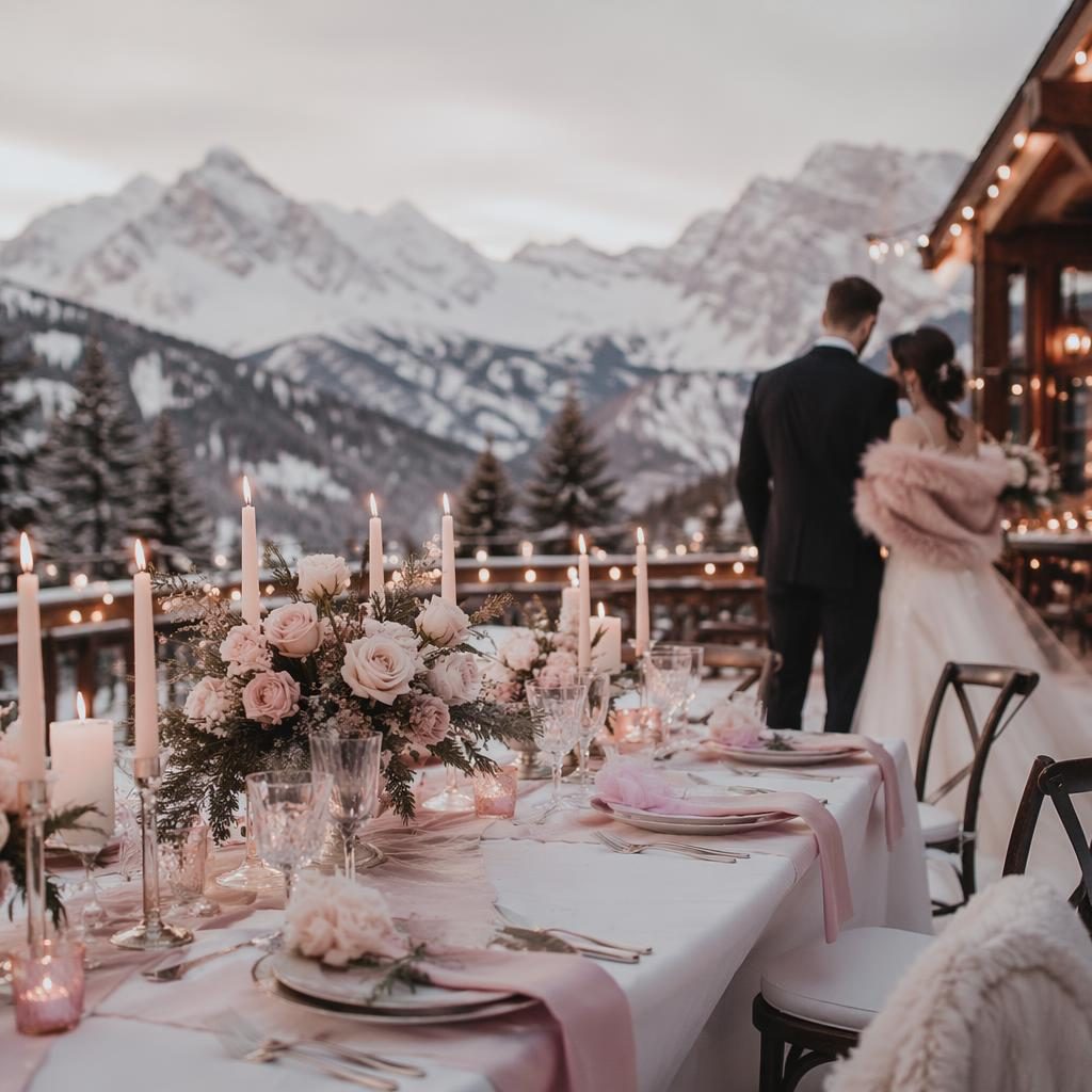 Reception details at a snowy alpine winter wedding with dusty rose decor, candlelight, florals, and elegant table styling