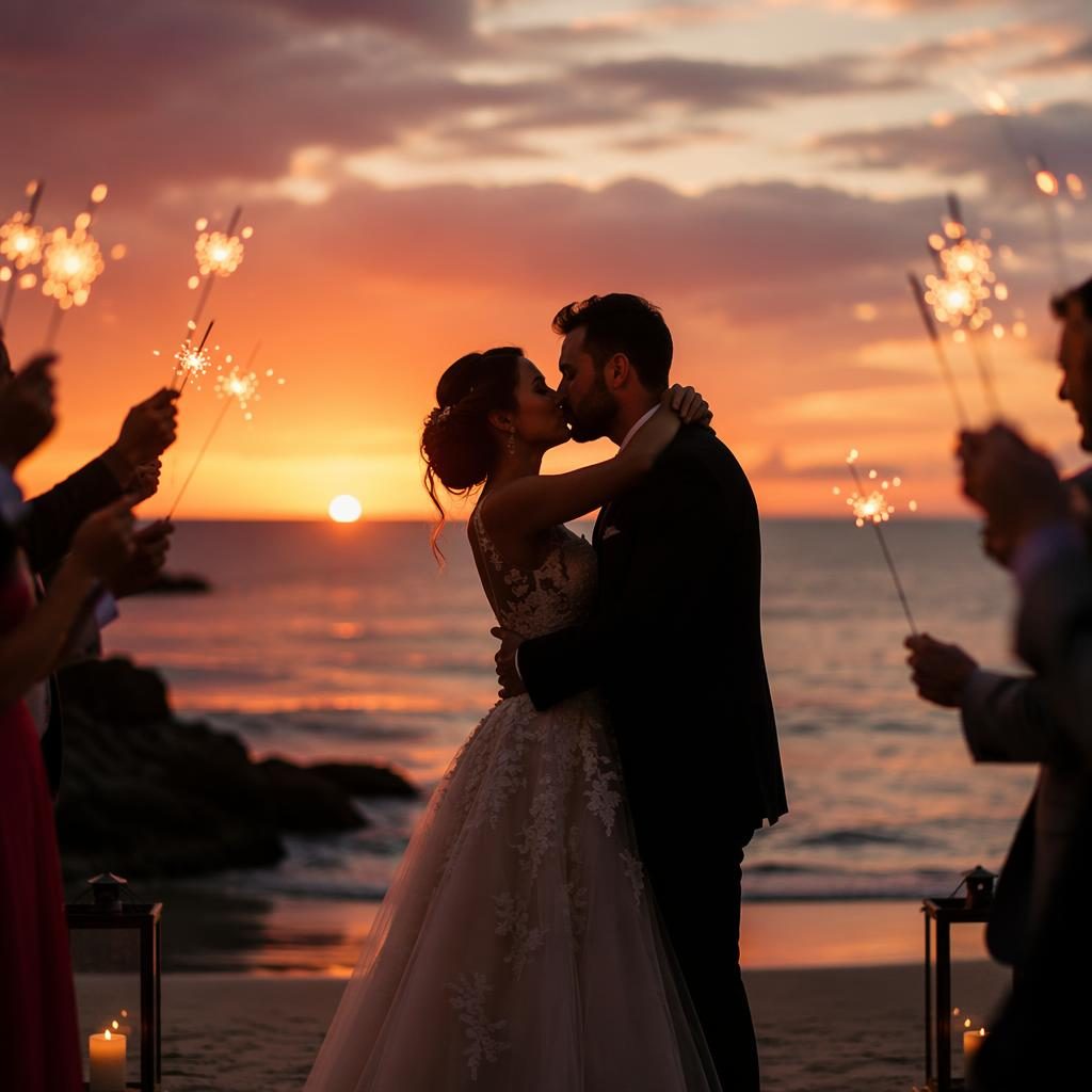 Pareja de novios besándose en silueta al atardecer en la playa, con bengalas, tonos burdeos y dorado.