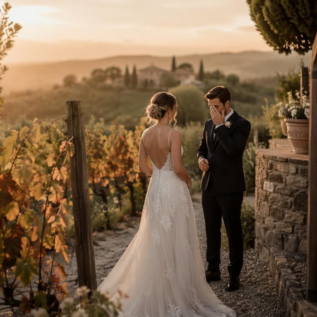 Bride and groom share a candid first look at sunset in a Tuscan vineyard, with soft blush and cream wedding styling.