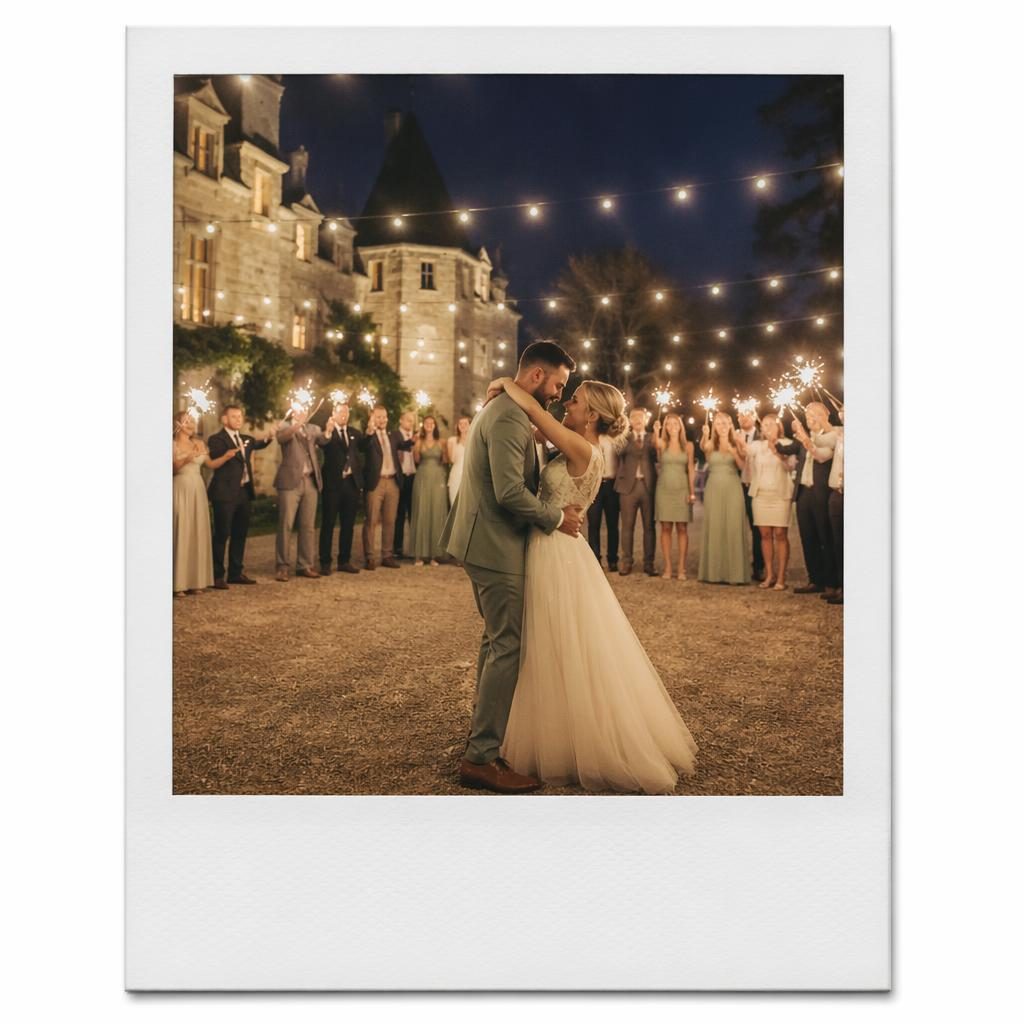 Couple de mariés en première danse au château, sous guirlandes lumineuses, palette sauge et blanc en automne.