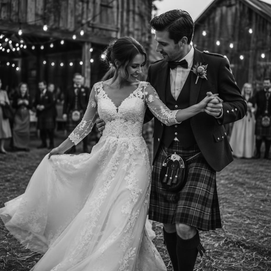 Portrait de couple de mariage en noir et blanc devant une grange rustique en hiver, lumière naturelle, style éditorial.