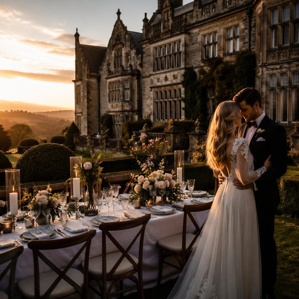Dark moody wedding reception details on an English manor lawn at sunset with warm light, elegant tablescape, and alpine backdrop