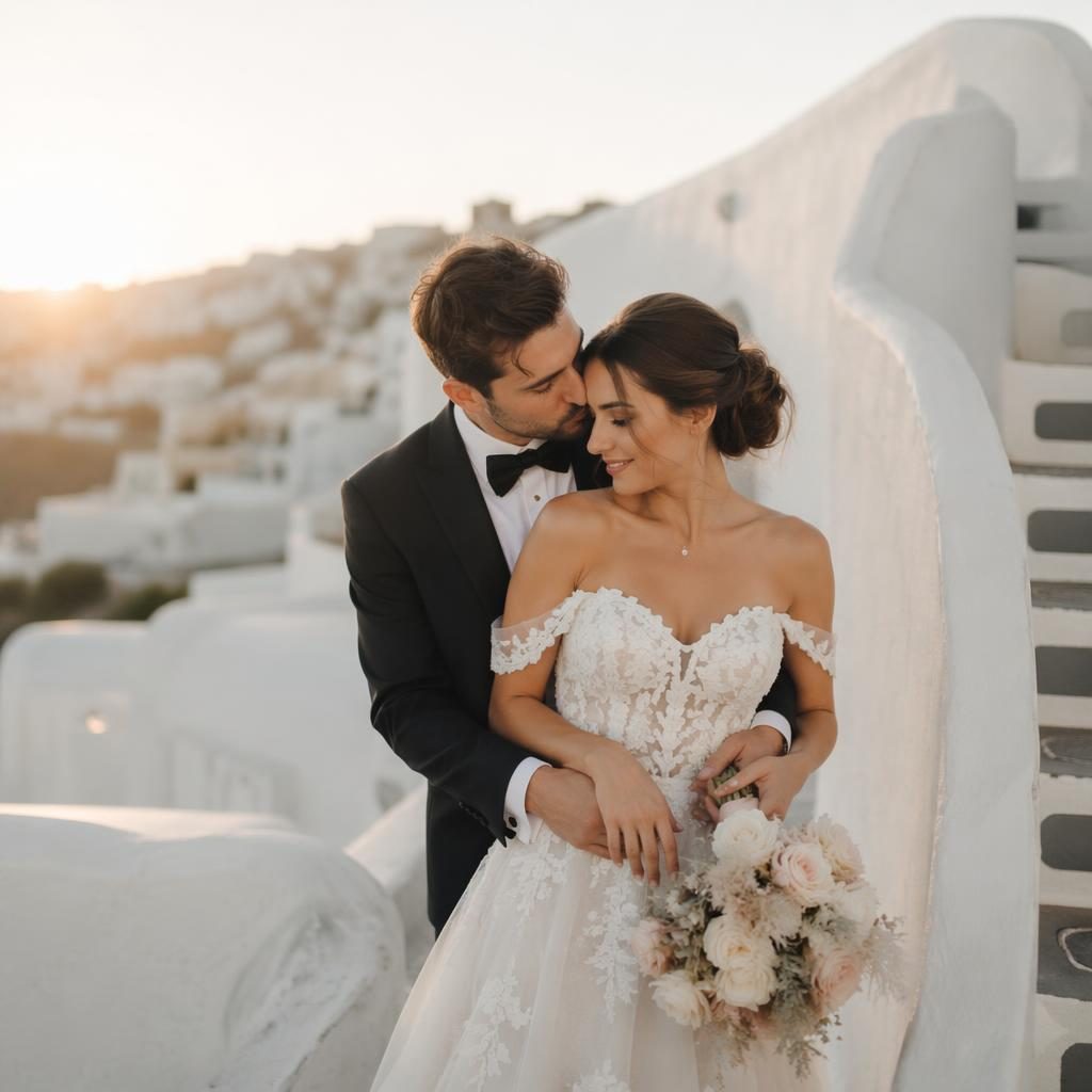 Couple exchanging rings in a Greek island whitewashed backyard venue, late summer light, blush and cream wedding styling.