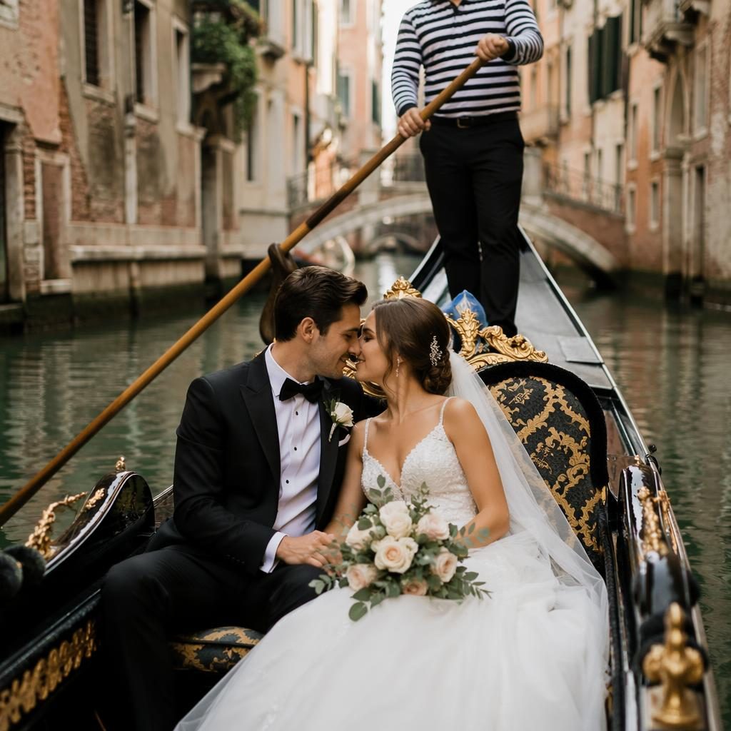 Couple exchanging vows in a Venice gondola beside a château, with sage and white wedding styling in late summer light.