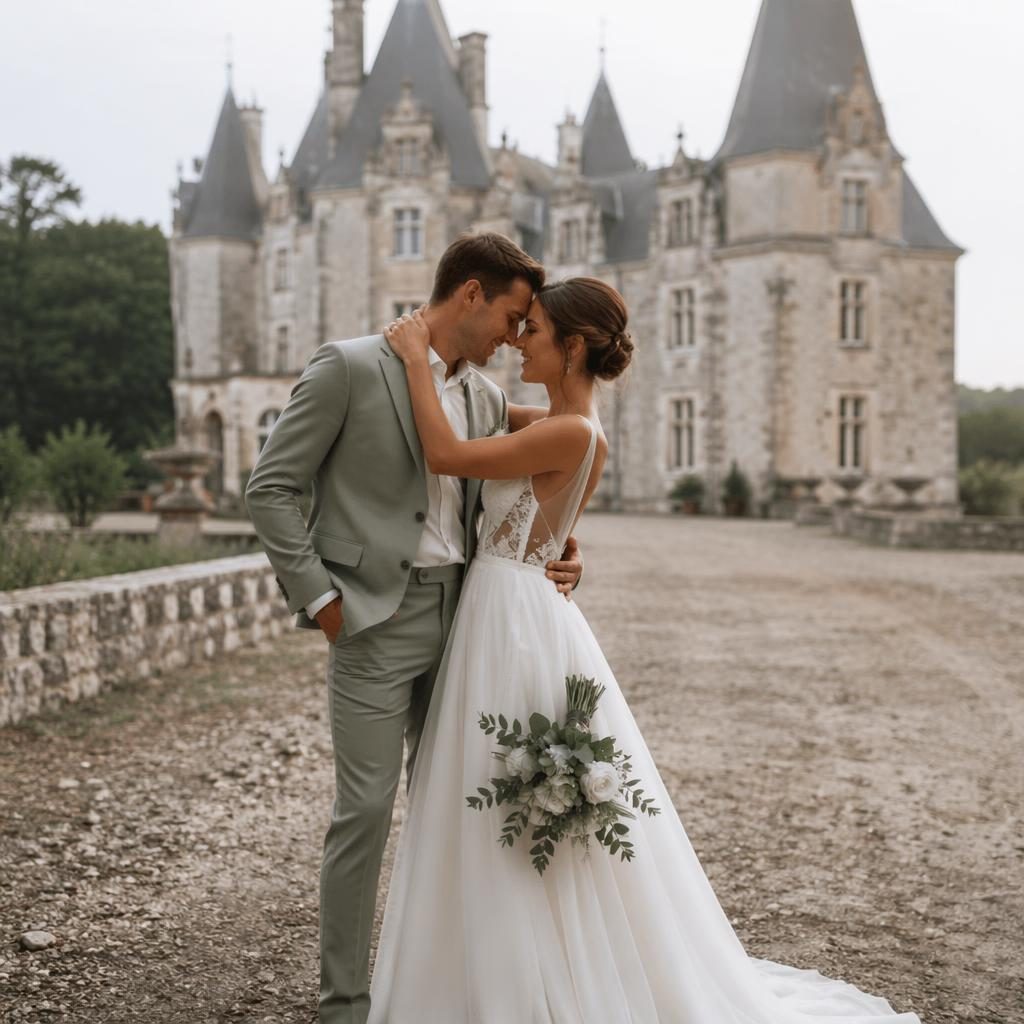 Bride and groom with groomsmen holding sparklers in a château field, sage and white wedding styling, natural light.