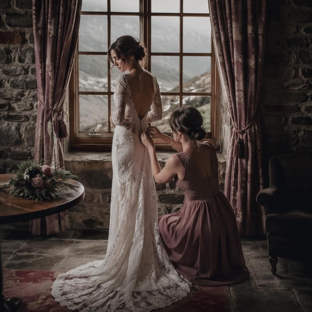 Novia preparándose para la boda en paisaje alpino invernal, luz natural, tonos rosa empolvado y estilo cinematográfico