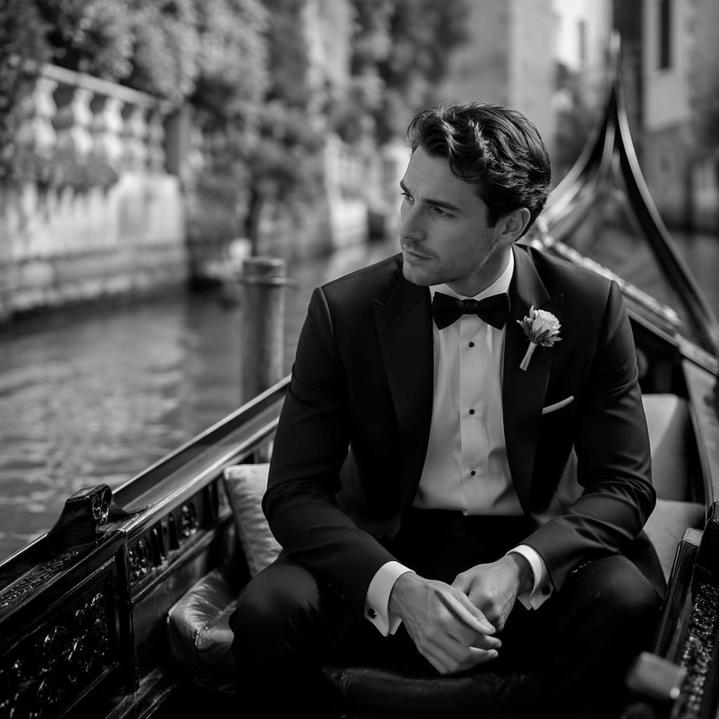 Black and white wedding photo of a groom getting ready in a botanical garden with an intimate Venice gondola scene.