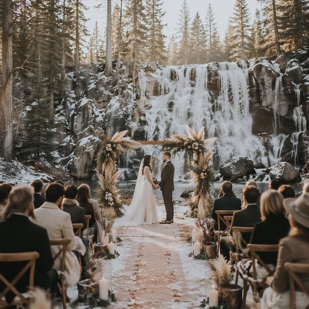 Entrada de boda minimalista en desierto con altar bohemio frente a cascada de bosque, tonos invernales claros.