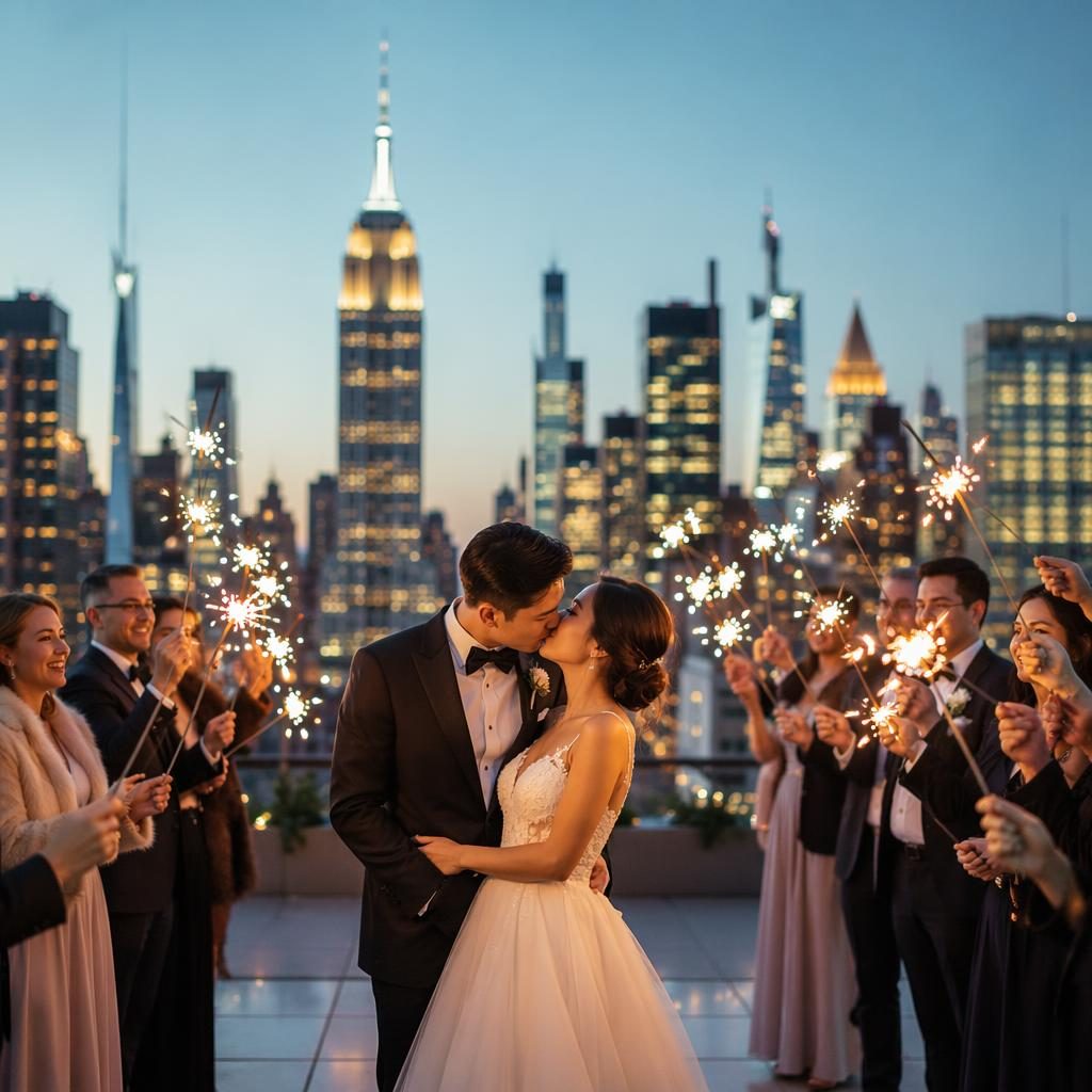 Couple with wedding guests holding sparklers on a Manhattan rooftop at dusk, winter-toned skyline in soft natural light.