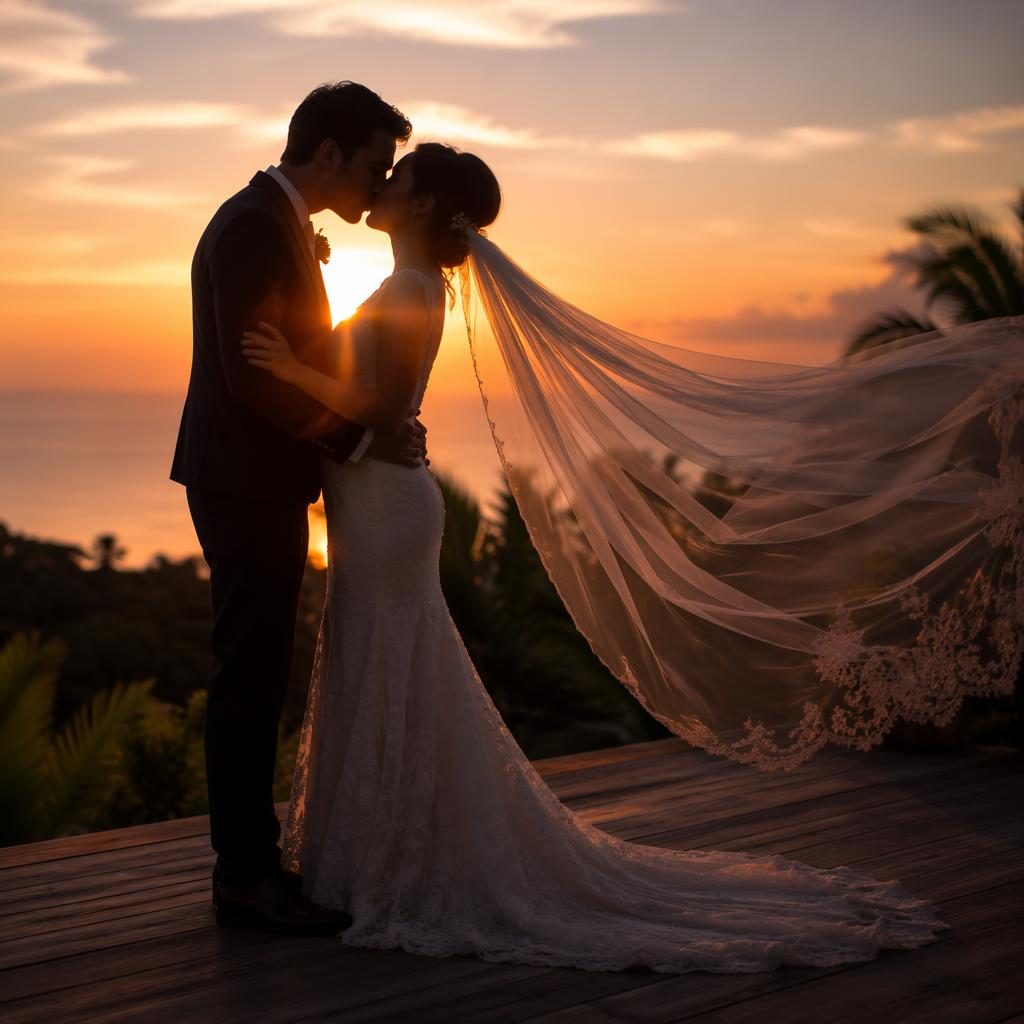 Bride and groom share a first kiss in sunset silhouette at a tropical resort, with dusty rose tones and cinematic wedding styling.