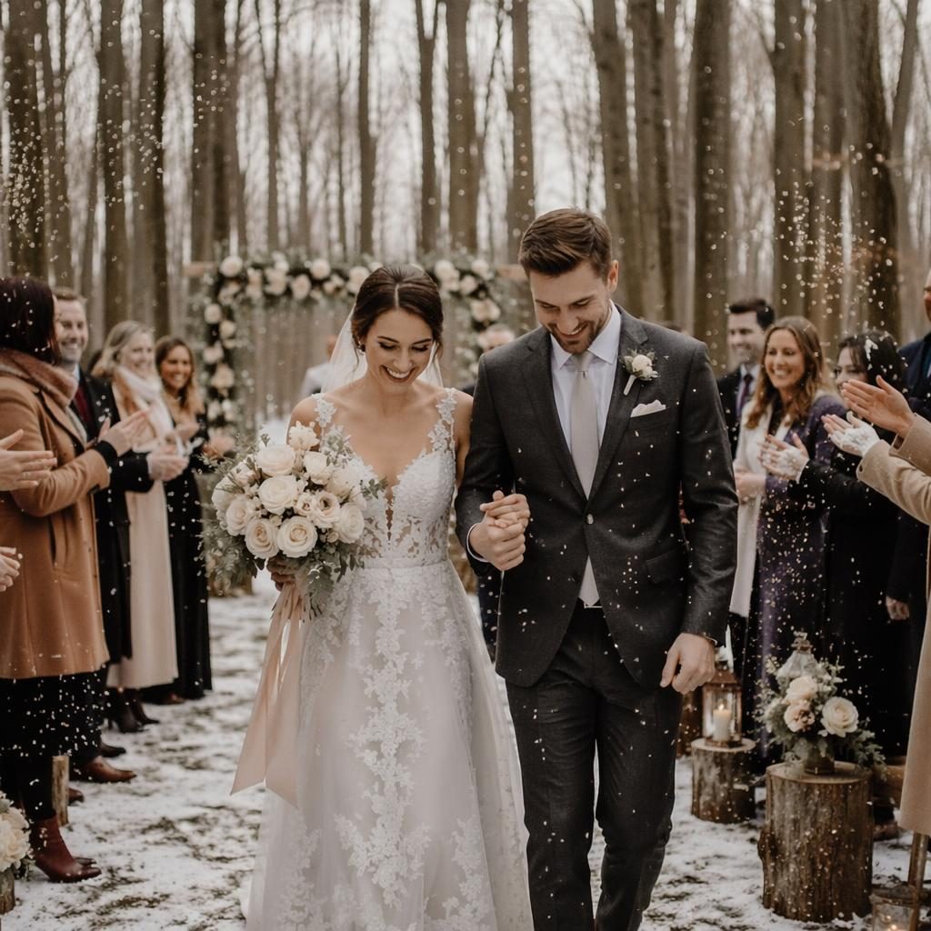 Candid winter wedding recessional in an intimate backyard with a fairytale woodland backdrop, blush and cream tones