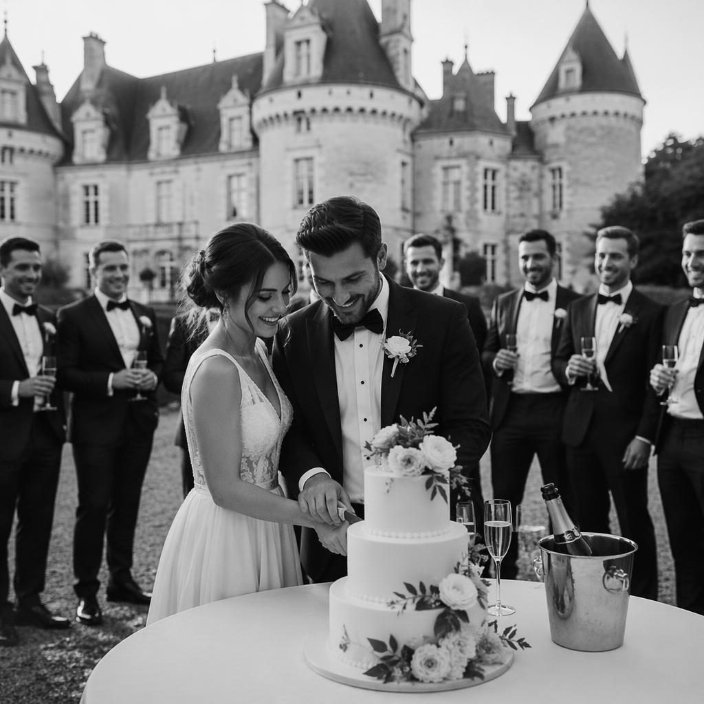 Bride and groom cutting wedding cake at a château with groomsmen nearby, late summer, black and white editorial style