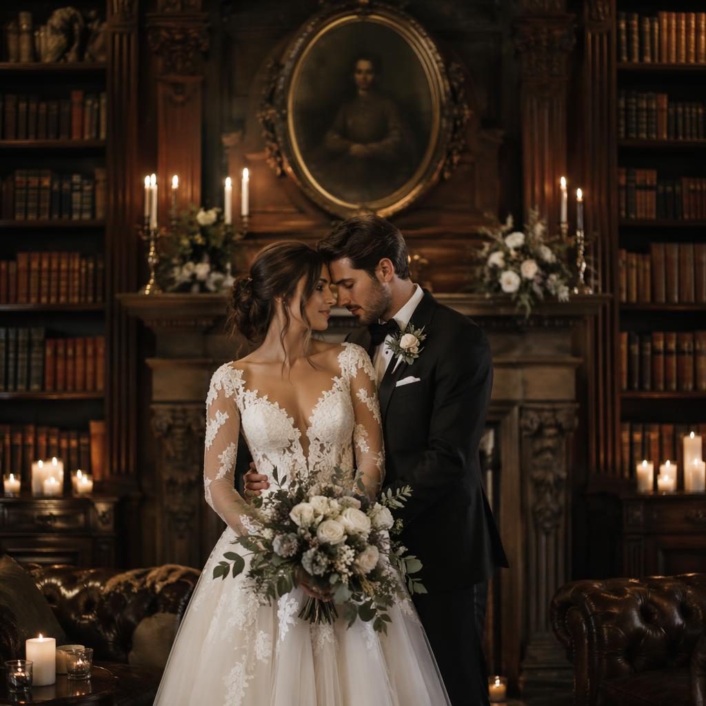 Couple en portrait de mariage dans une bibliothèque de château historique, éclairage à la bougie, tons sauge et blanc.