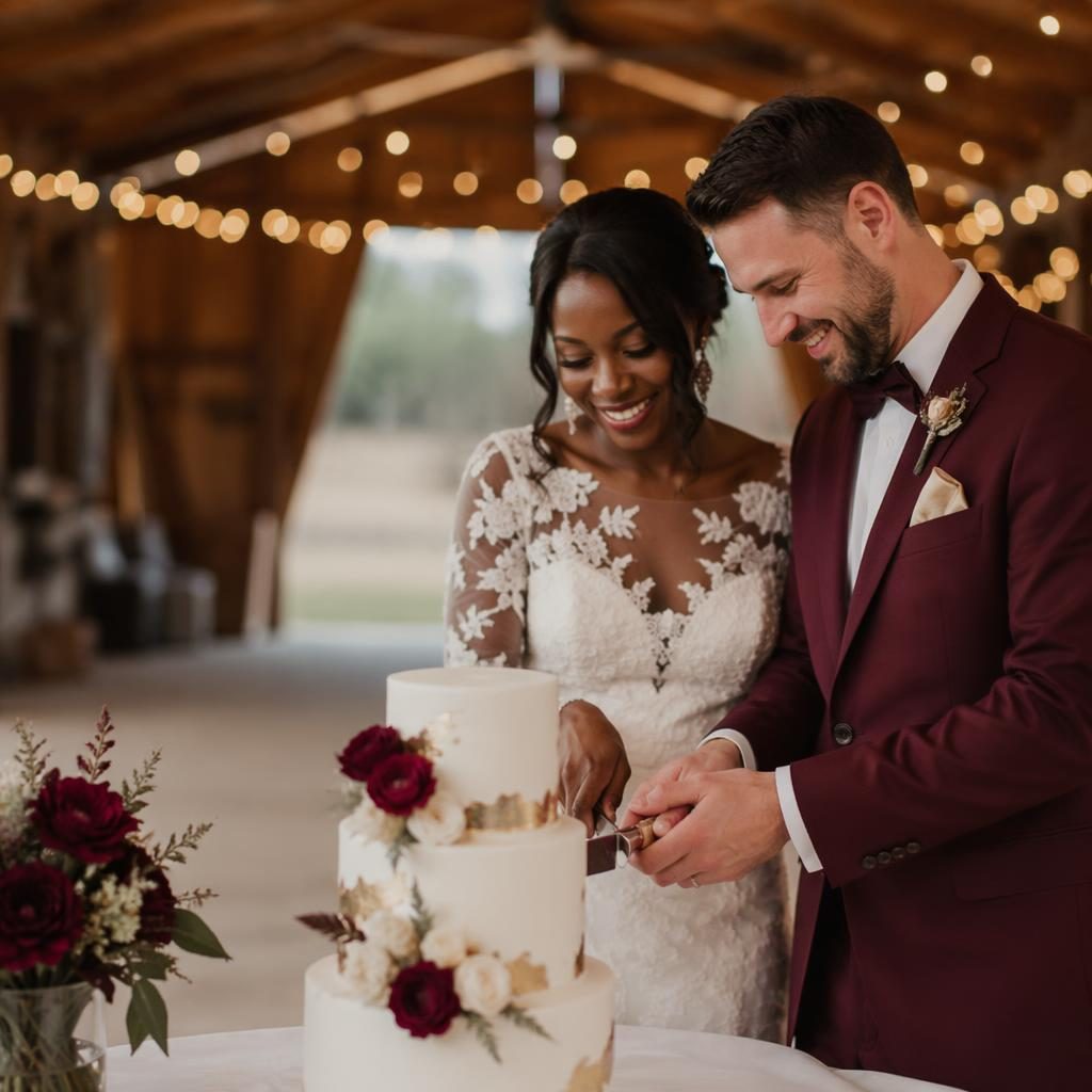Mariés coupant le gâteau dans une grange rustique aux guirlandes lumineuses, style romantique pastel bordeaux et or.