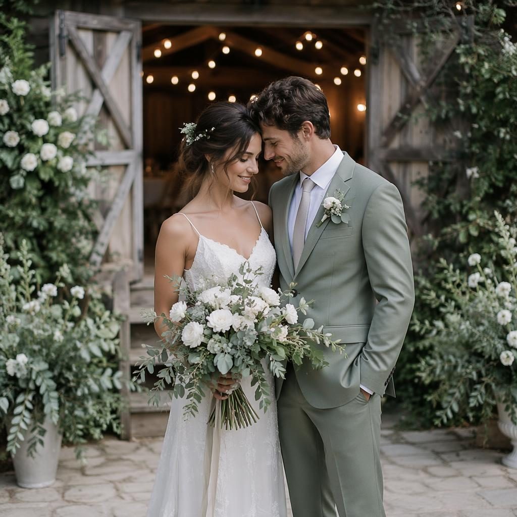 Couple en portrait de mariage dans un jardin botanique au printemps, tons sauge et blanc, grange rustique et guirlandes.