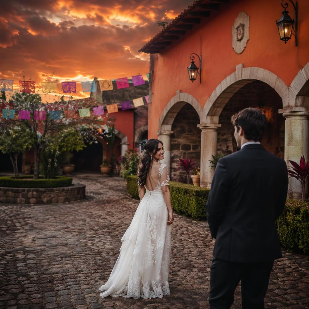 Pareja de novios en first look al atardecer en montaña alpina, con papel picado y estilo hacienda mexicana.