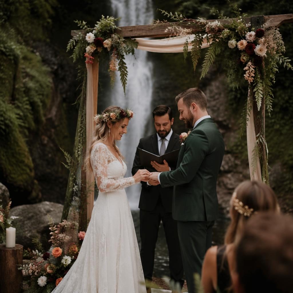 Bride and groom exchange rings on a cliffside by the ocean near a forest waterfall altar, in soft spring natural light.