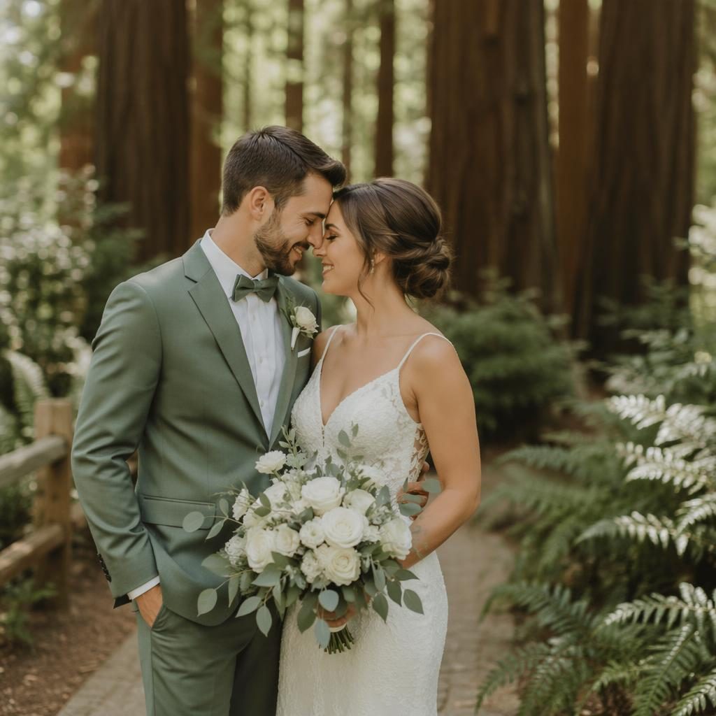 Couple portrait in a redwood forest grove cathedral setting, natural light, sage and white wedding styling, late summer.