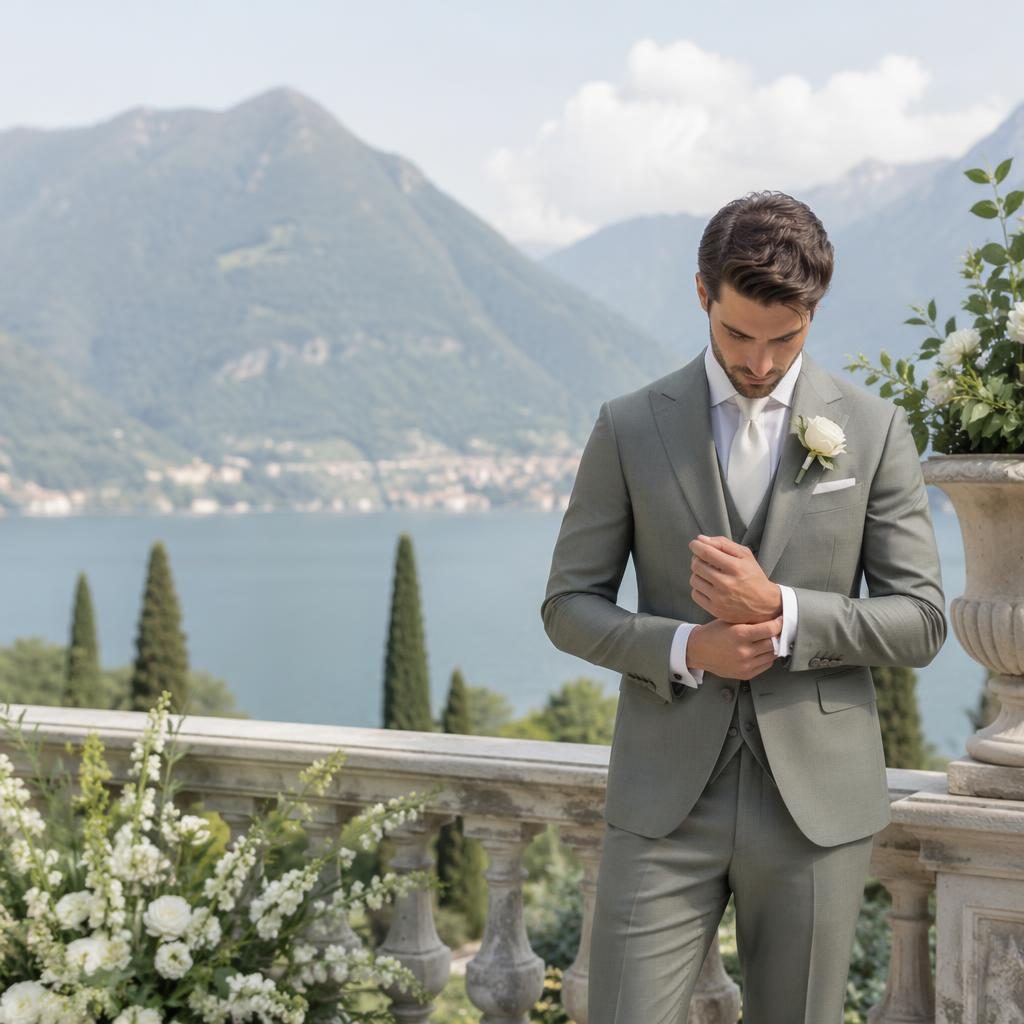 Groom getting ready on a Lake Como villa balcony with garden views, sage and white wedding styling, natural spring light
