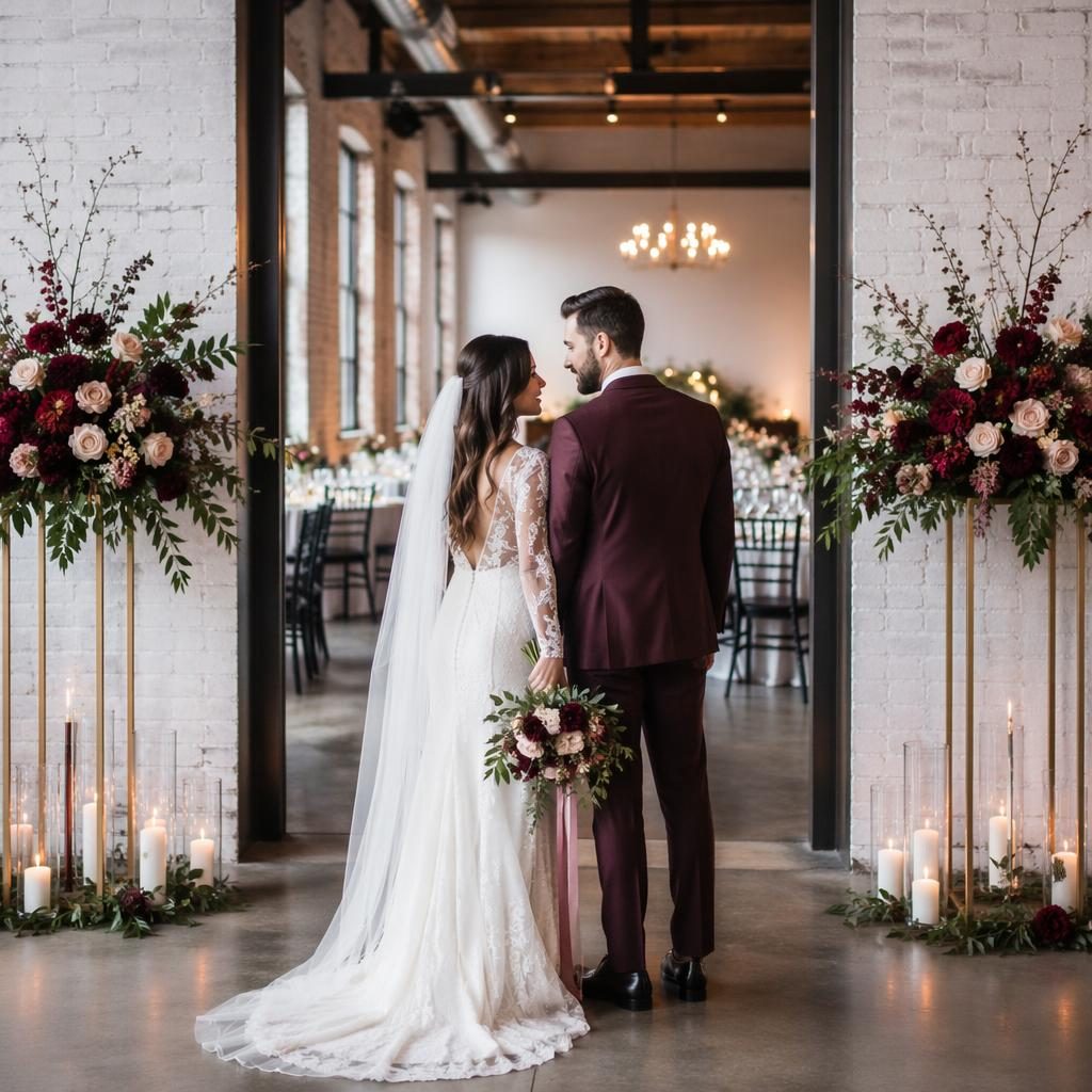 Entrée de réception de mariage dans un loft industriel urbain, décor blanc minimaliste, tons bordeaux et or, lumière naturelle.