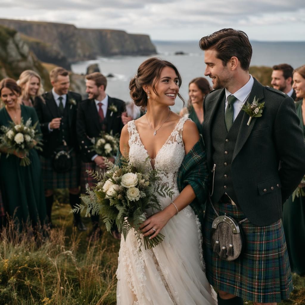 Wedding party group portrait on a cliffside ocean meadow in spring, with natural light and an emerald bronze palette.