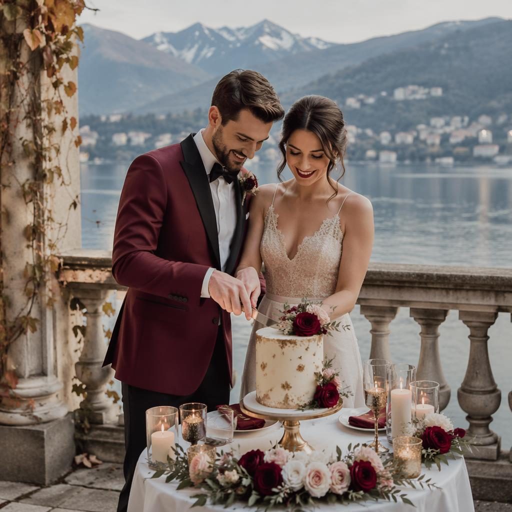 Couple coupant un gâteau de mariage sur un balcon de villa au lac de Côme, tons bordeaux et or, lumière naturelle.