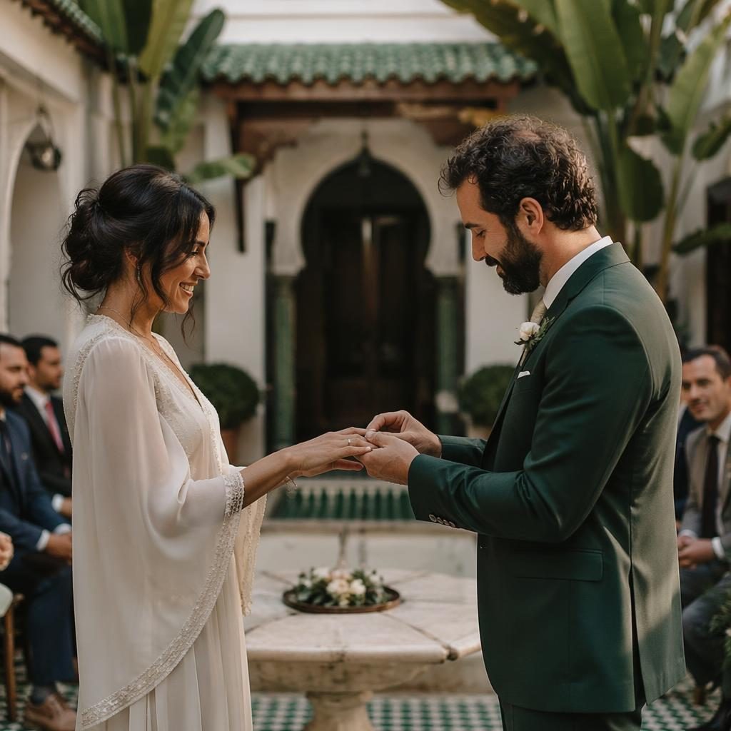 Échange des alliances dans une cour de riad marocain, mariage intime, lumière naturelle, tons émeraude et bronze