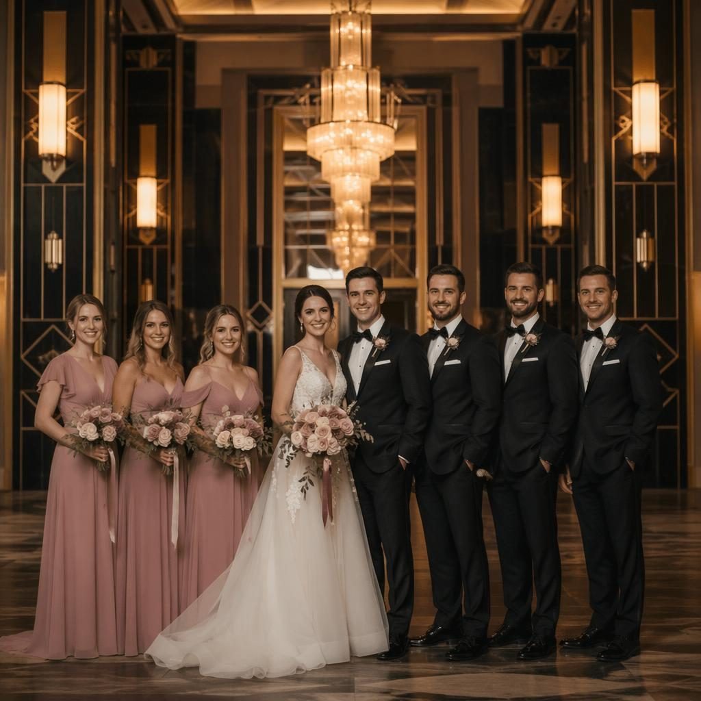 Hochzeitsgesellschaft posiert in elegantem Art-Déco-Ballsaal im Herbst, in Dusty-Rose-Tönen und natürlichem Licht