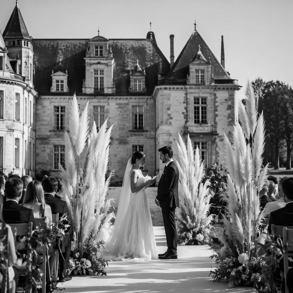 Couple échangeant ses vœux dans un château, photo de mariage en noir et blanc avec pampas bohèmes.
